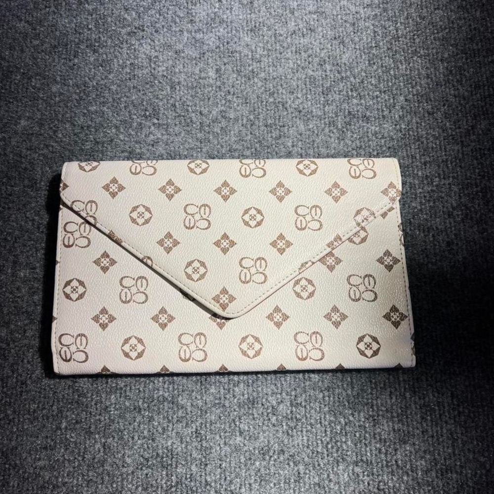 Cream Monogram Envelope Clutch Bag Faux Leather Magnetic Snap‎ Small Handbag